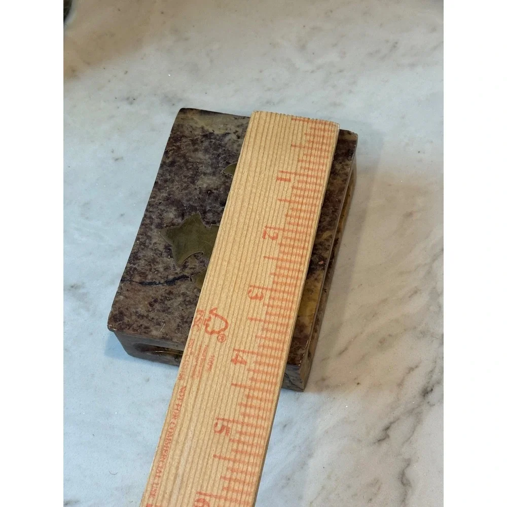 Vintage Soapstone Trinket Box Brown Brass Cross Inlay Carved India Handmade